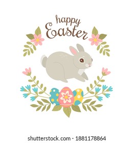 Happy Easter card. Vector illustration of cute cartoon rabbit surrounded by flowers and Easter eggs. Isolated on white