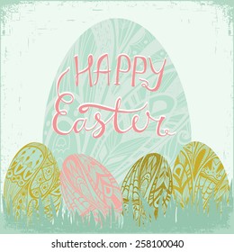 Happy easter card, vector illustration. Greeting card with eggs and text happy easter.