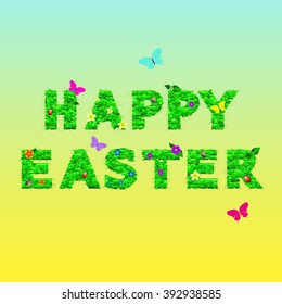 Happy Easter card vector illustration. Spring butterflies and green grass. 