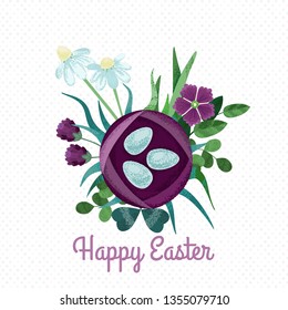 Happy Easter card. Vector nest with eggs in grass and flowers.