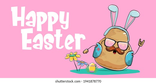 Happy Easter card with vector rock star easter potato funny cartoon character with blue easter bunny ears isolated on pink horizontal banner background. rock n roll easter party poster 