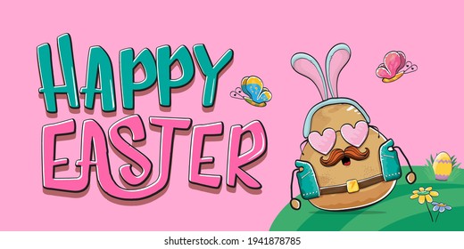 Happy Easter card with vector rock star easter potato funny cartoon character with blue easter bunny ears isolated on pink horizontal banner background. rock n roll easter party poster 