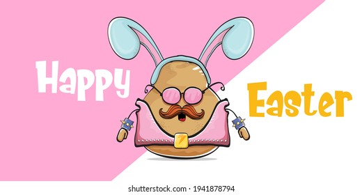 Happy Easter card with vector rock star easter potato funny cartoon character with blue easter bunny ears isolated on pink horizontal banner background. rock n roll easter party poster 