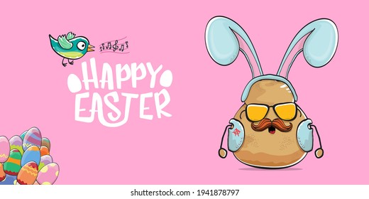 Happy Easter card with vector rock star easter potato funny cartoon character with blue easter bunny ears isolated on pink horizontal banner background. rock n roll easter party poster 