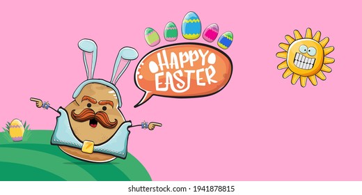 Happy Easter card with vector rock star easter potato funny cartoon character with blue easter bunny ears isolated on pink horizontal banner background. rock n roll easter party poster 