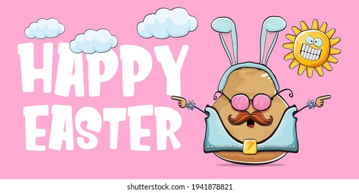 Happy Easter card with vector rock star easter potato funny cartoon character with blue easter bunny ears isolated on pink horizontal banner background. rock n roll easter party poster 