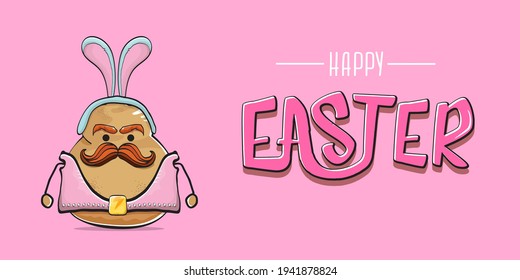 Happy Easter card with vector rock star easter potato funny cartoon character with blue easter bunny ears isolated on pink horizontal banner background. rock n roll easter party poster 