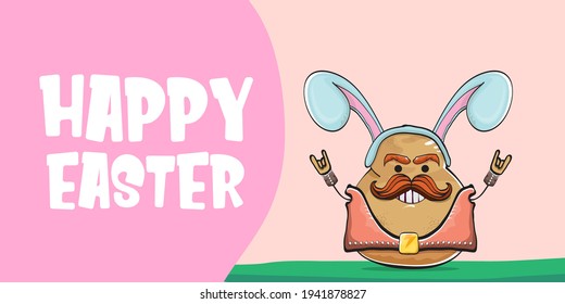 Happy Easter card with vector rock star easter potato funny cartoon character with blue easter bunny ears isolated on pink horizontal banner background. rock n roll easter party poster 