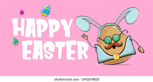 Happy Easter card with vector rock star easter potato funny cartoon character with blue easter bunny ears isolated on pink horizontal banner background. rock n roll easter party poster 