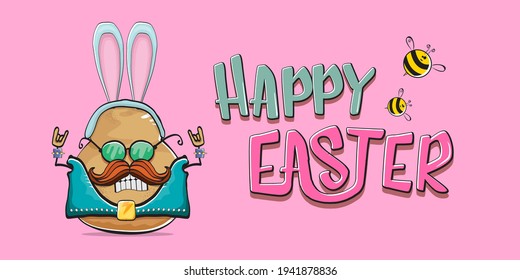Happy Easter card with vector rock star easter potato funny cartoon character with blue easter bunny ears isolated on pink horizontal banner background. rock n roll easter party poster 