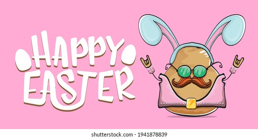 Happy Easter card with vector rock star easter potato funny cartoon character with blue easter bunny ears isolated on pink horizontal banner background. rock n roll easter party poster 