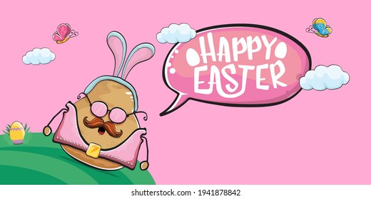 Happy Easter card with vector rock star easter potato funny cartoon character with blue easter bunny ears isolated on pink horizontal banner background. rock n roll easter party poster 