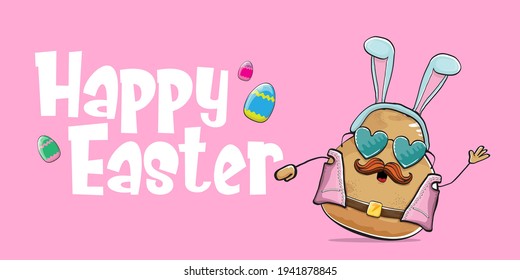 Happy Easter card with vector rock star easter potato funny cartoon character with blue easter bunny ears isolated on pink horizontal banner background. rock n roll easter party poster 