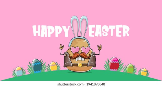 Happy Easter card with vector rock star easter potato funny cartoon character with blue easter bunny ears isolated on pink horizontal banner background. rock n roll easter party poster 