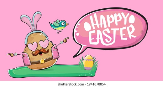 Happy Easter card with vector rock star easter potato funny cartoon character with blue easter bunny ears isolated on pink horizontal banner background. rock n roll easter party poster 