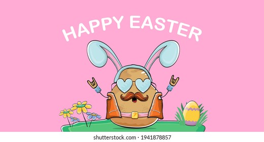 Happy Easter card with vector rock star easter potato funny cartoon character with blue easter bunny ears isolated on pink horizontal banner background. rock n roll easter party poster 