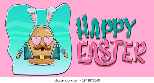 Happy Easter card with vector rock star easter potato funny cartoon character with blue easter bunny ears isolated on pink horizontal banner background. rock n roll easter party poster 