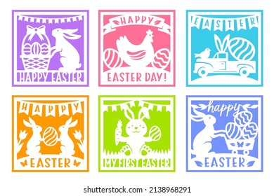Happy Easter card vector set wit bunny,flowers,egg,chicken. For paper or laser cutting and sublimation.  Cute characters with spring symbols. Holiday papercut templates.