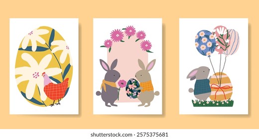 Happy Easter card vector set. Hand drawn playful vintage decorate with folk easter eggs, flowers, chicken, rabbit. Collection of adorable doodle design for decorative, cover, poster, kids.