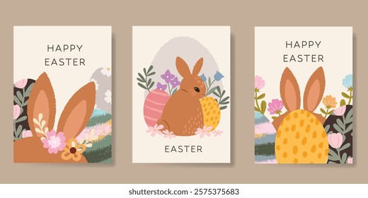 Happy Easter card vector set. Hand drawn playful vintage decorate with folk easter eggs, flowers, cute bunny. Collection of adorable doodle design for decorative, cover, poster, kids.