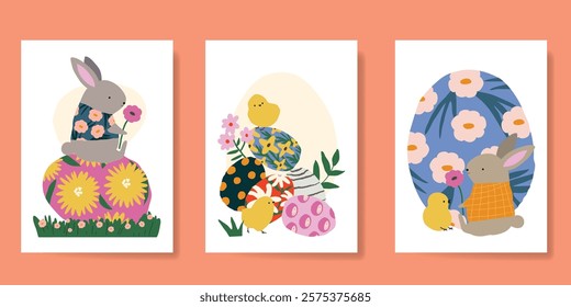 Happy Easter card vector set. Hand drawn playful vintage decorate with folk easter eggs, flowers, chicken, rabbit. Collection of adorable doodle design for decorative, cover, poster, kids.