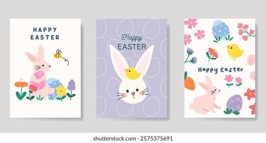 Happy Easter card vector set. Hand drawn playful cute decorate with easter eggs, flowers, chick, rabbit. Collection of adorable doodle design for decorative, cover, poster, kids.