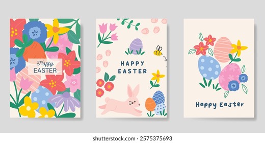 Happy Easter card vector set. Hand drawn playful cute decorate with easter eggs, flowers, rabbit. Collection of adorable doodle design for decorative, cover, poster, kids.