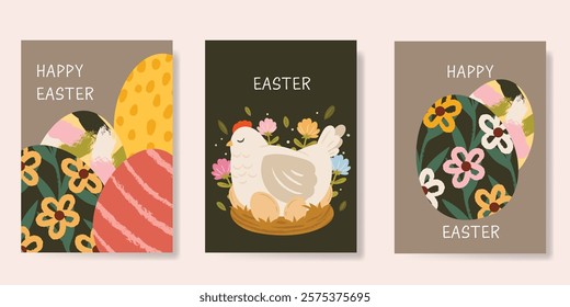 Happy Easter card vector set. Hand drawn playful vintage decorate with folk easter eggs, flowers, chicken. Collection of adorable doodle design for decorative, cover, poster, kids.