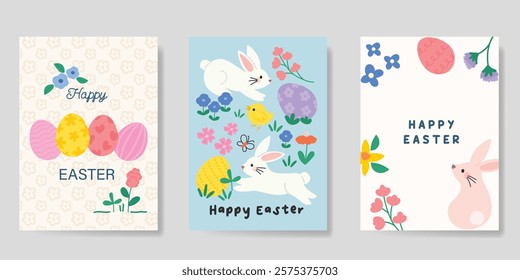 Happy Easter card vector set. Hand drawn playful cute decorate with easter eggs, flowers, chick, rabbit. Collection of adorable doodle design for decorative, cover, poster, kids.