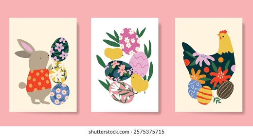 Happy Easter card vector set. Hand drawn playful vintage decorate with folk easter eggs, flowers, chicken, rabbit. Collection of adorable doodle design for decorative, cover, poster, kids.