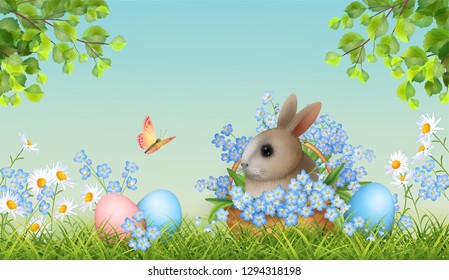 Happy Easter Card. Vector spring landscape with grass, tree branches, basket full of spring flowers, painted eggs and cute little rabbit