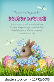 Happy Easter Card. Vector spring landscape with grass, painted eggs and cute little rabbit
