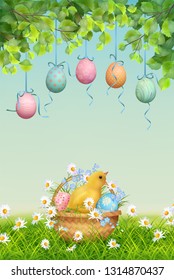 Happy Easter Card. Vector spring landscape with a chicken in the basket, grass and flowers and hanging painted eggs