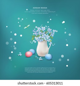 Happy Easter card with vector still life. Eggs and spring flowers bouquet in ceramic jug