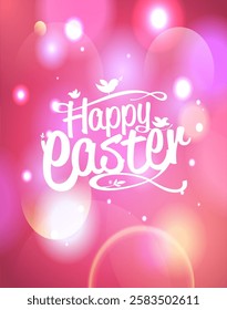 Happy Easter card vector template with bokeh lights background and hand drawn lettering