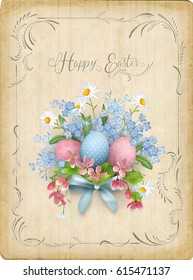 Happy Easter Card. Vector vintage postcard with spring flowers, bow and painted eggs