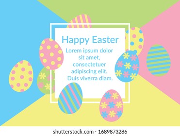 Happy Easter card vector with white square frame, colorful decorated eggs with dots stripes on colorful geometric background. For Invitation, promotion, sale, poster, flyer, banner. Copy space text