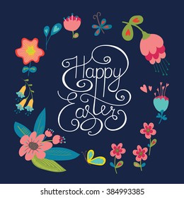 Happy Easter card. Vintage  background with flower, heart and butterfly. 
