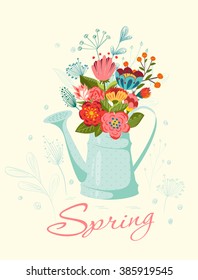 Happy Easter card. Vintage  floral card with flowers in watering pot.