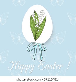 Happy Easter card in vintage style. Light blue background with butterflies and lilies of the valley bouquet in the the egg frame. 