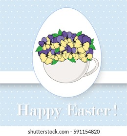 Happy Easter card in vintage style. Light blue background with polka dots and bright violets flowers in the cup in the the egg frame. 