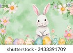 Happy easter card, watercolor vector of cute Easter rabbit, eggs, and spring flowers. Spring pastel colors illustration.