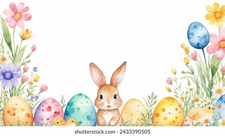 Happy easter card, watercolor vector of cute Easter rabbit, eggs, and spring flowers. Spring pastel colors illustration.