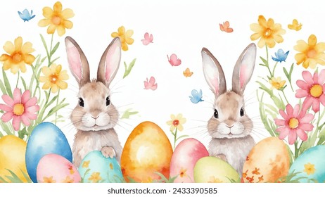 Happy easter card, watercolor vector of cute Easter rabbit, eggs, and spring flowers. Spring pastel colors illustration.