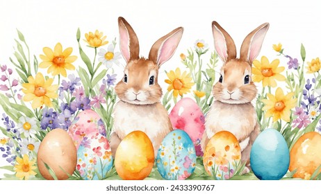 Happy easter card, watercolor vector of cute Easter rabbit, eggs, and spring flowers. Spring pastel colors illustration.