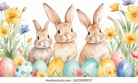 Happy easter card, watercolor vector of cute Easter rabbit, eggs, and spring flowers. Spring pastel colors illustration.