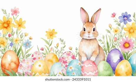 Happy easter card, watercolor vector of cute Easter rabbit, eggs, and spring flowers. Spring pastel colors illustration.