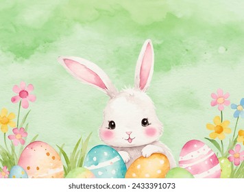 Happy easter card, watercolor vector of cute Easter rabbit, eggs, and spring flowers. Spring pastel colors illustration.