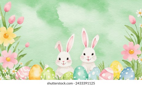 Happy easter card, watercolor vector of cute Easter rabbit, eggs, and spring flowers. Spring pastel colors illustration.