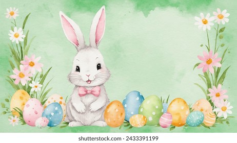 Happy easter card, watercolor vector of cute Easter rabbit, eggs, and spring flowers. Spring pastel colors illustration.